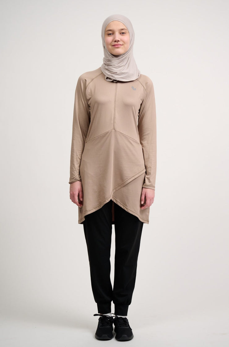 Beige long sleeves modest sports top